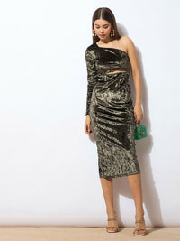 SASSAFRAS Olive Green One Shoulder Cut-Out Velvet Sheath Midi Dress