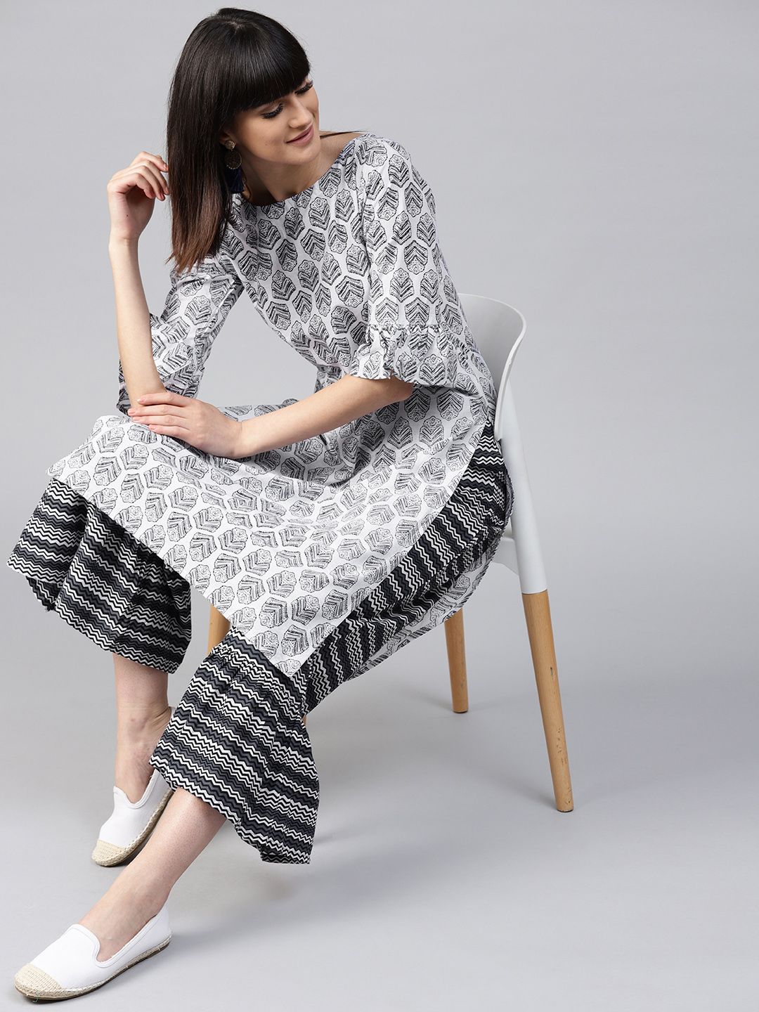 Gerua By Libas Women Grey  White Printed Kurta with Palazzos