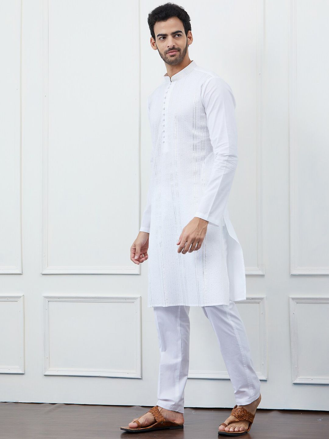 See Designs Striped Mandarin Collar Gotta Patti Cotton Kurta