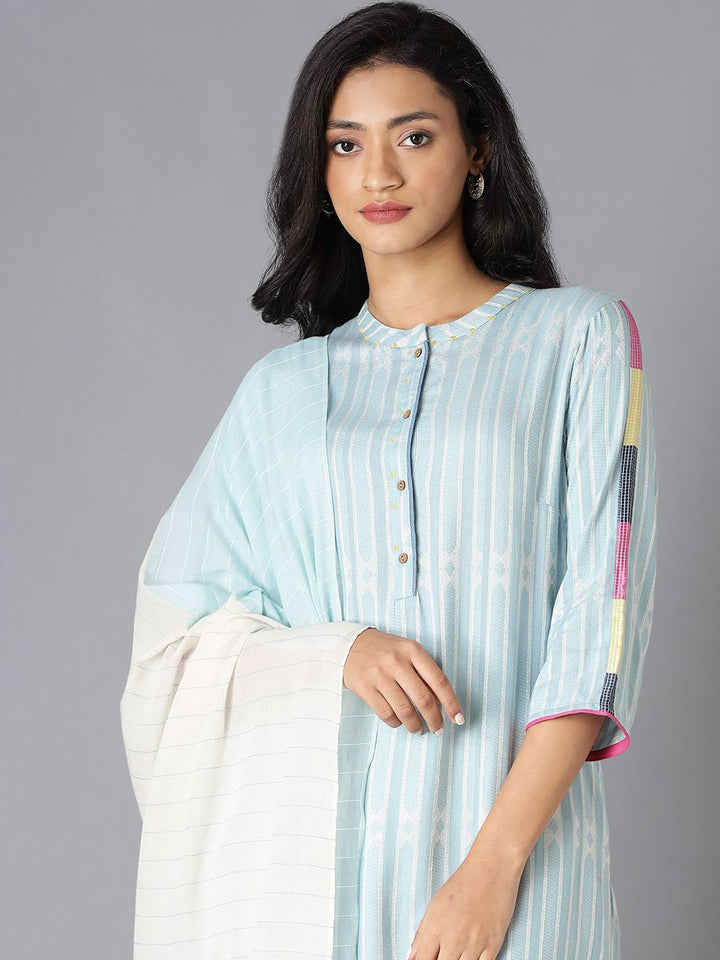 W Women Blue Striped Kurta with Trousers & With Dupatta