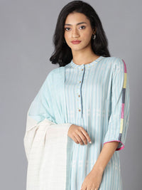 W Women Blue Striped Kurta with Trousers & With Dupatta