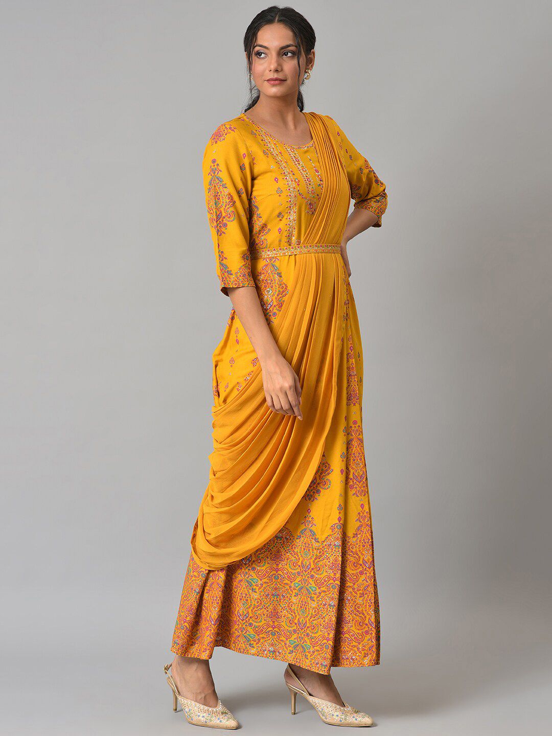 W Women Yellow Ethnic Motifs Printed Ethnic Maxi Dress