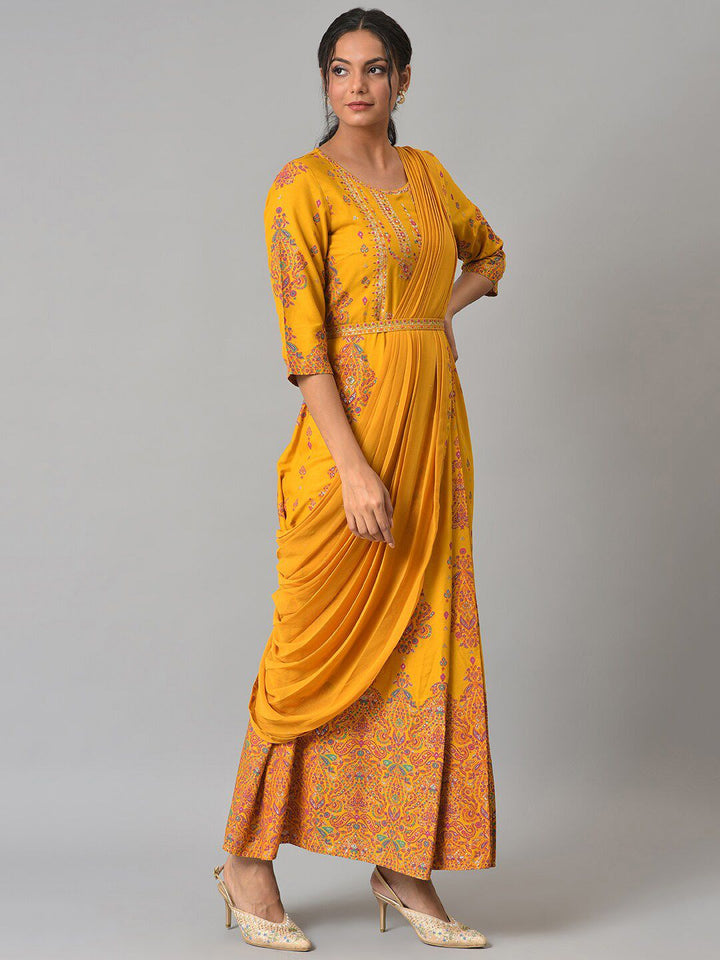 W Women Yellow Ethnic Motifs Printed Ethnic Maxi Dress