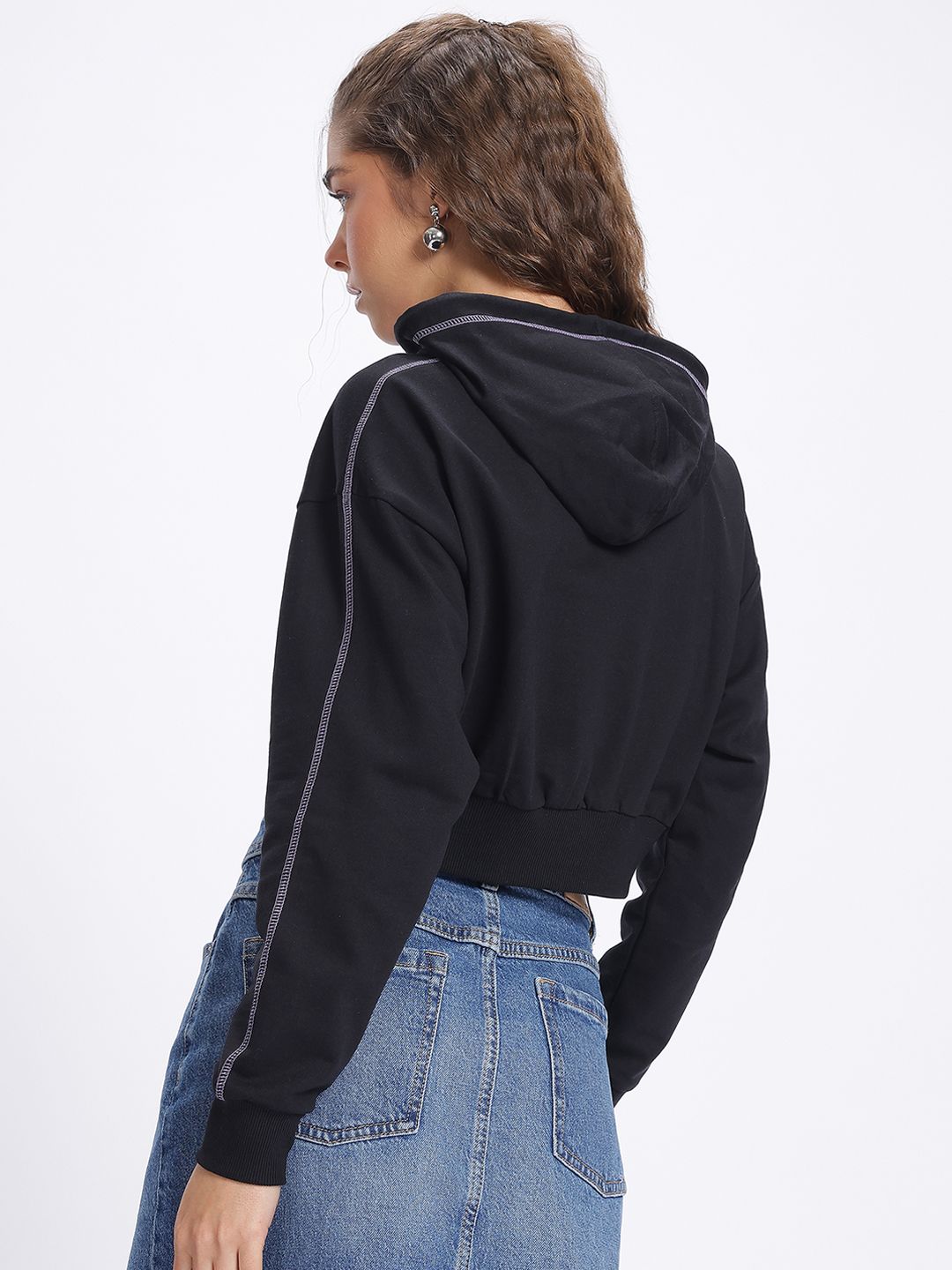 DressBerry Drop-Shoulder Sleeves Crop Hooded Sweatshirt