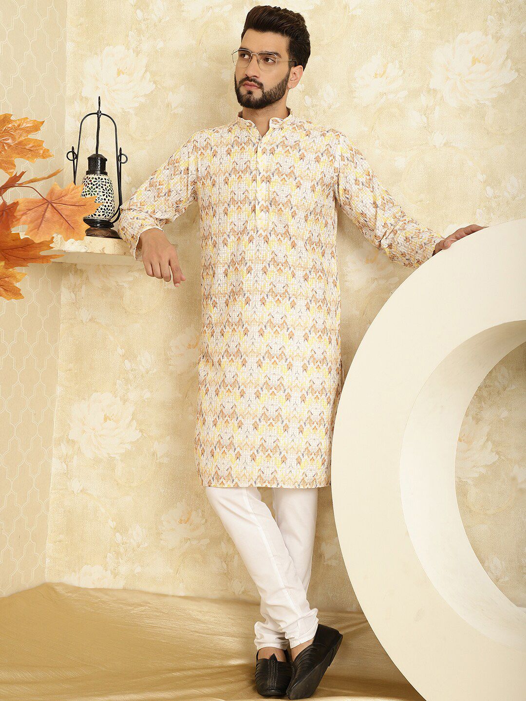 SOJANYA Ethnic Motifs Embroidered Mandarin Collar Pure Cotton Kurta with Churidar