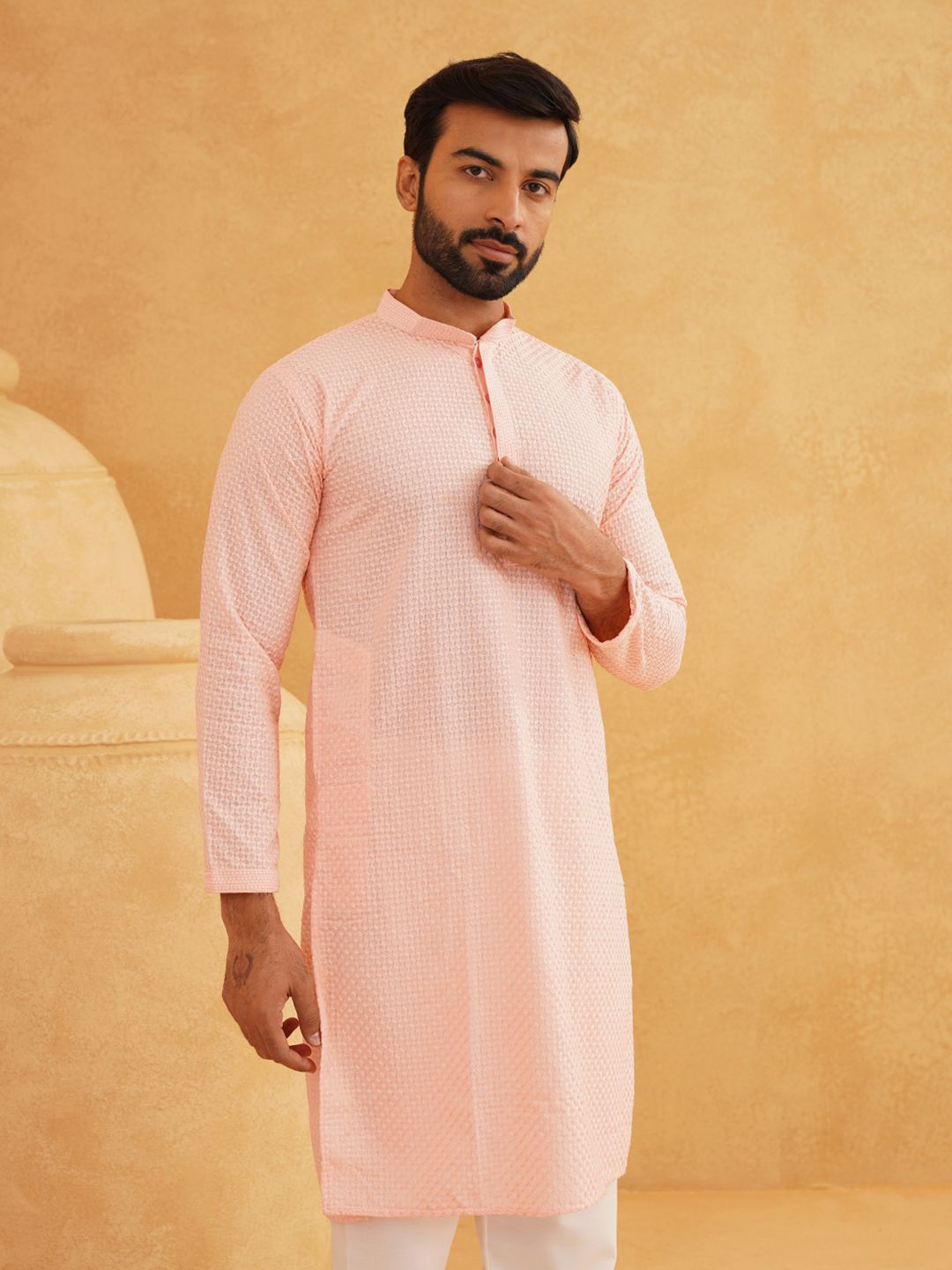 SOJANYA Checked Mandarin Collar Long Sleeves Thread Work Pure Cotton Kurta with Churidar