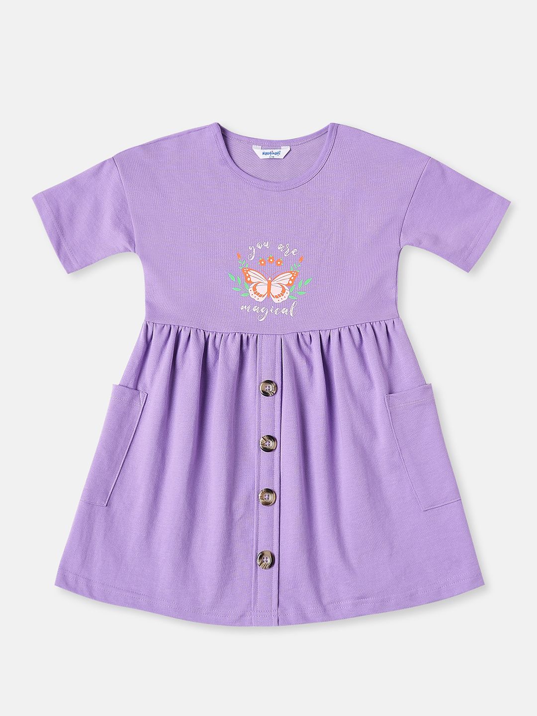 Nautinati Girls' Butterfly Print Knee Length Frock with Pockets