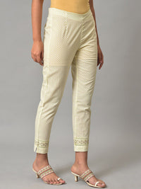 W Women White & Green Geometric Printed Mid Rise Pure Cotton Cropped Trousers