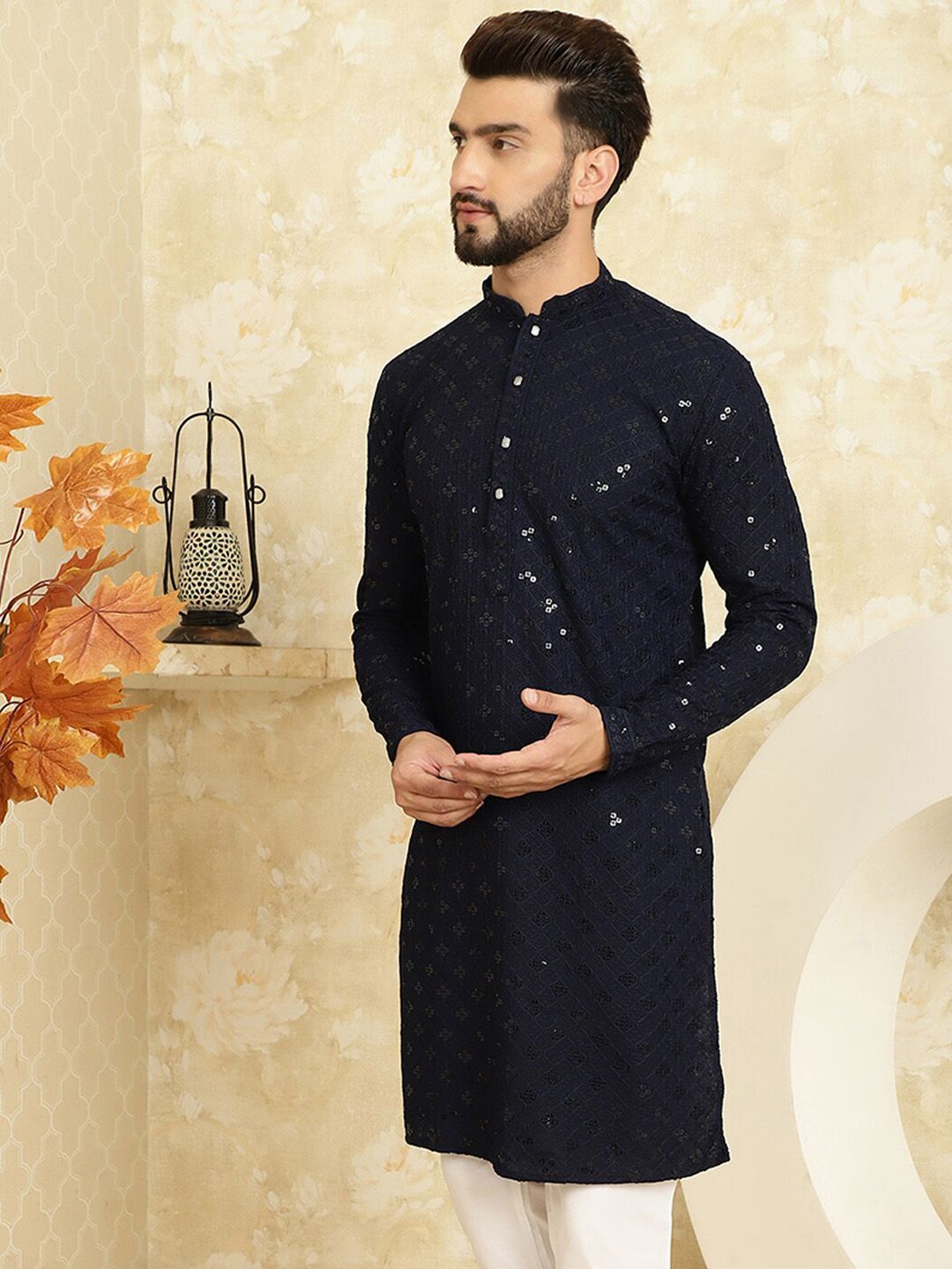SOJANYA Embroidered Sequinned Mandarin Collar Pure Cotton Kurta