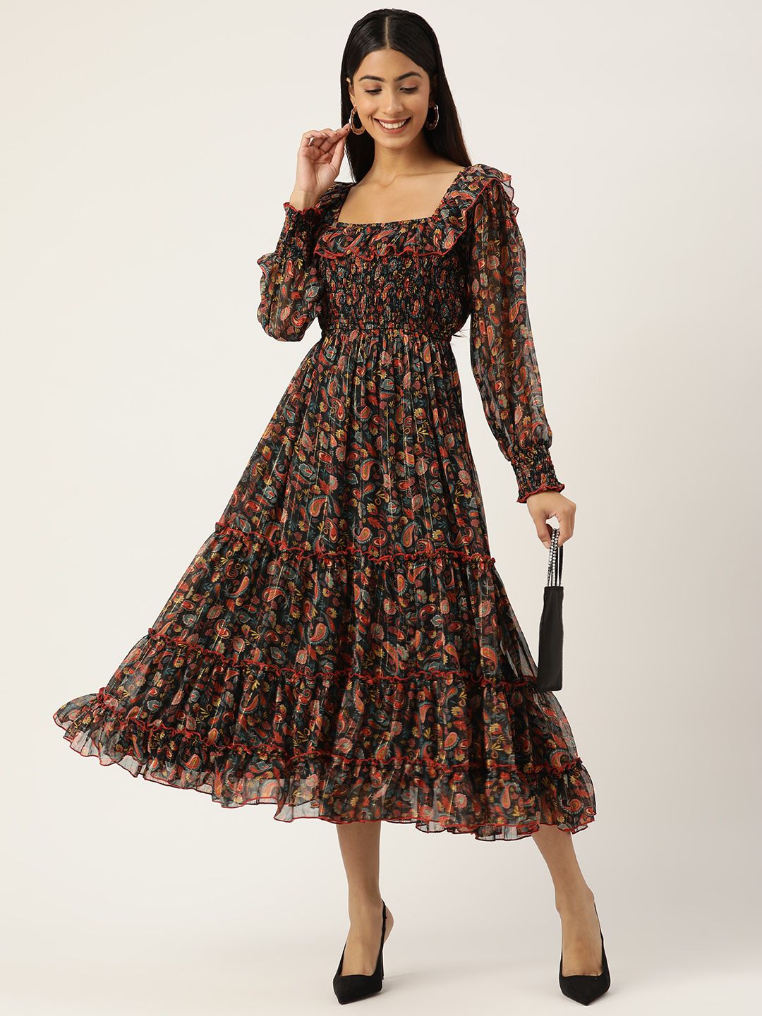 Antheaa Woman Floral Smocked Tiered Dress