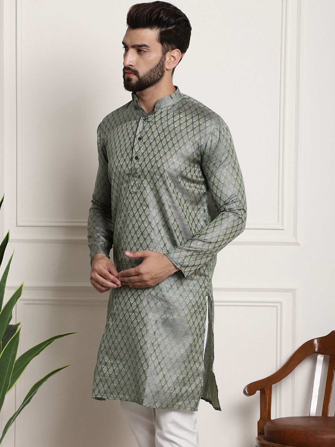 SOJANYA Lelaki Tenunan Design Jacquard Straight Kurta