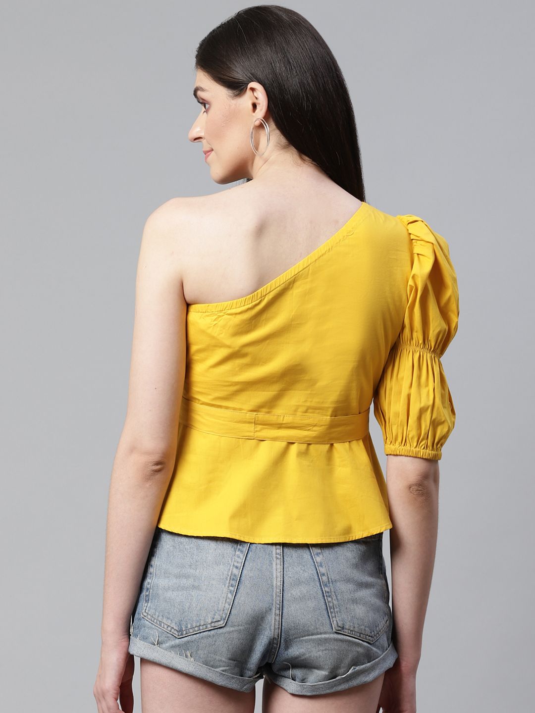 STREET 9 Yellow One Shoulder Cinched Waist Pure Cotton Top