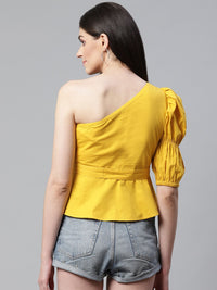 STREET 9 Yellow One Shoulder Cinched Waist Pure Cotton Top