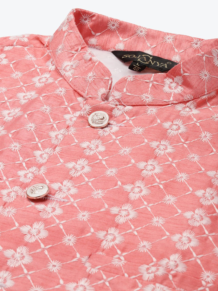 SOJANYA Kurta Lelaki Maroon & Pink dengan Piyama & Jaket Nehru Bersulam