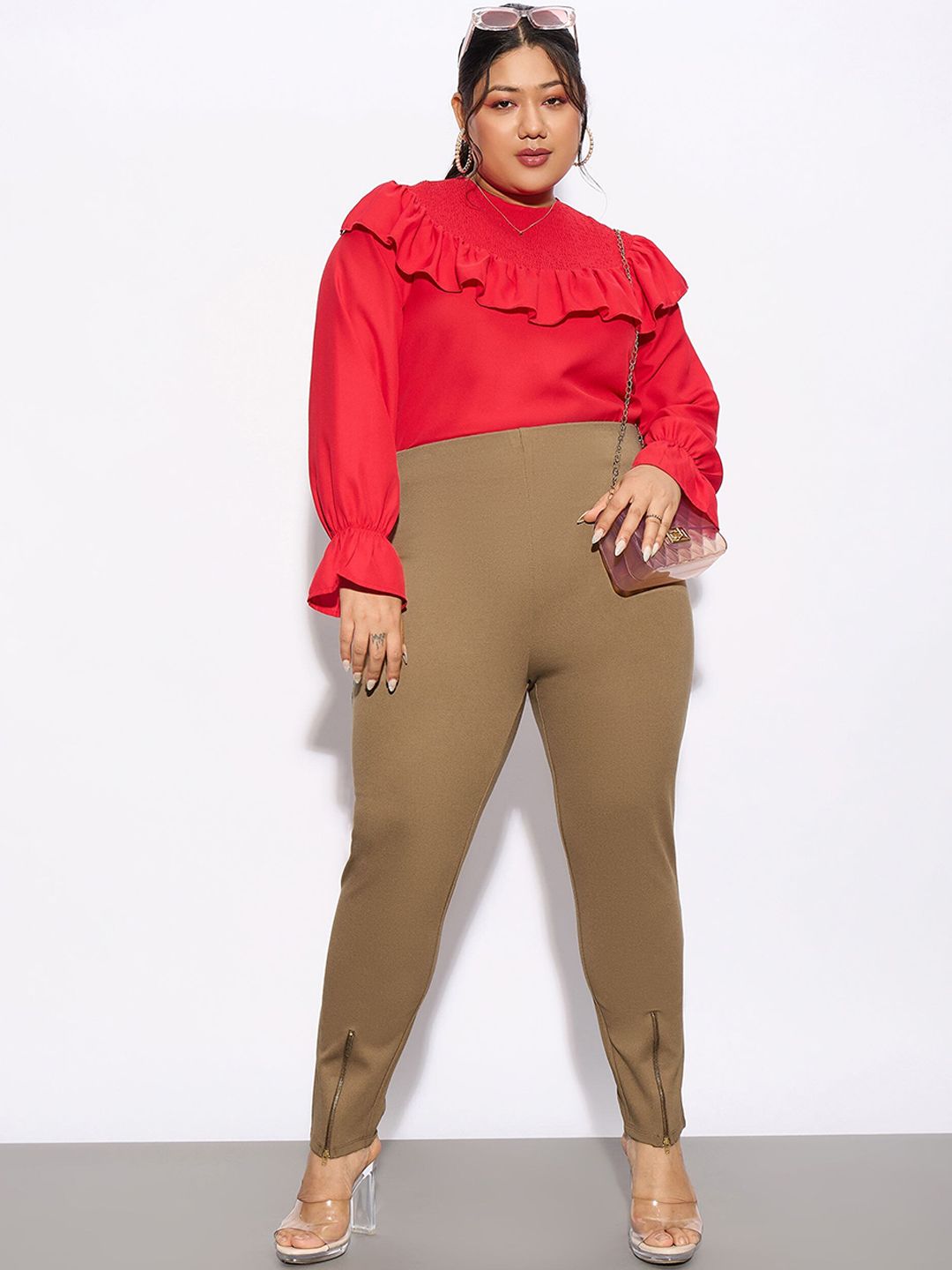 SASSAFRAS Curve Women Plus Size Beige Slim Fit Zip Detail Regular Trousers