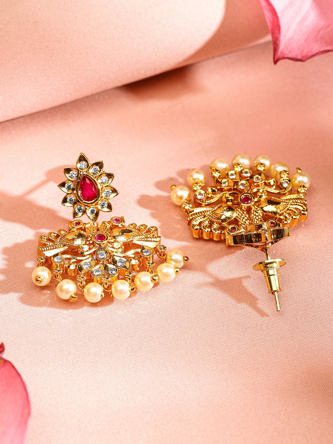 22K Gold Plated Ruby Pink & CZ Studded Pearl Beaded Traditional Choker Jewellery Set