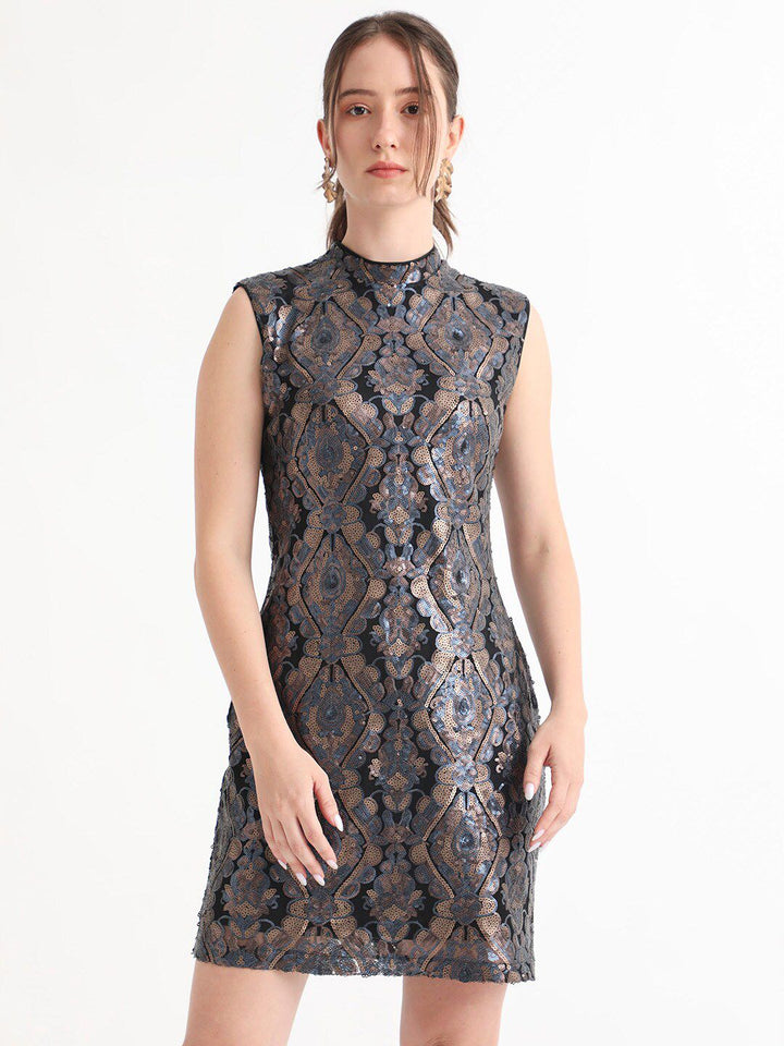 RAREISM High Neck Sleeveless Sequin Embellished Sheath Above Knee Dress