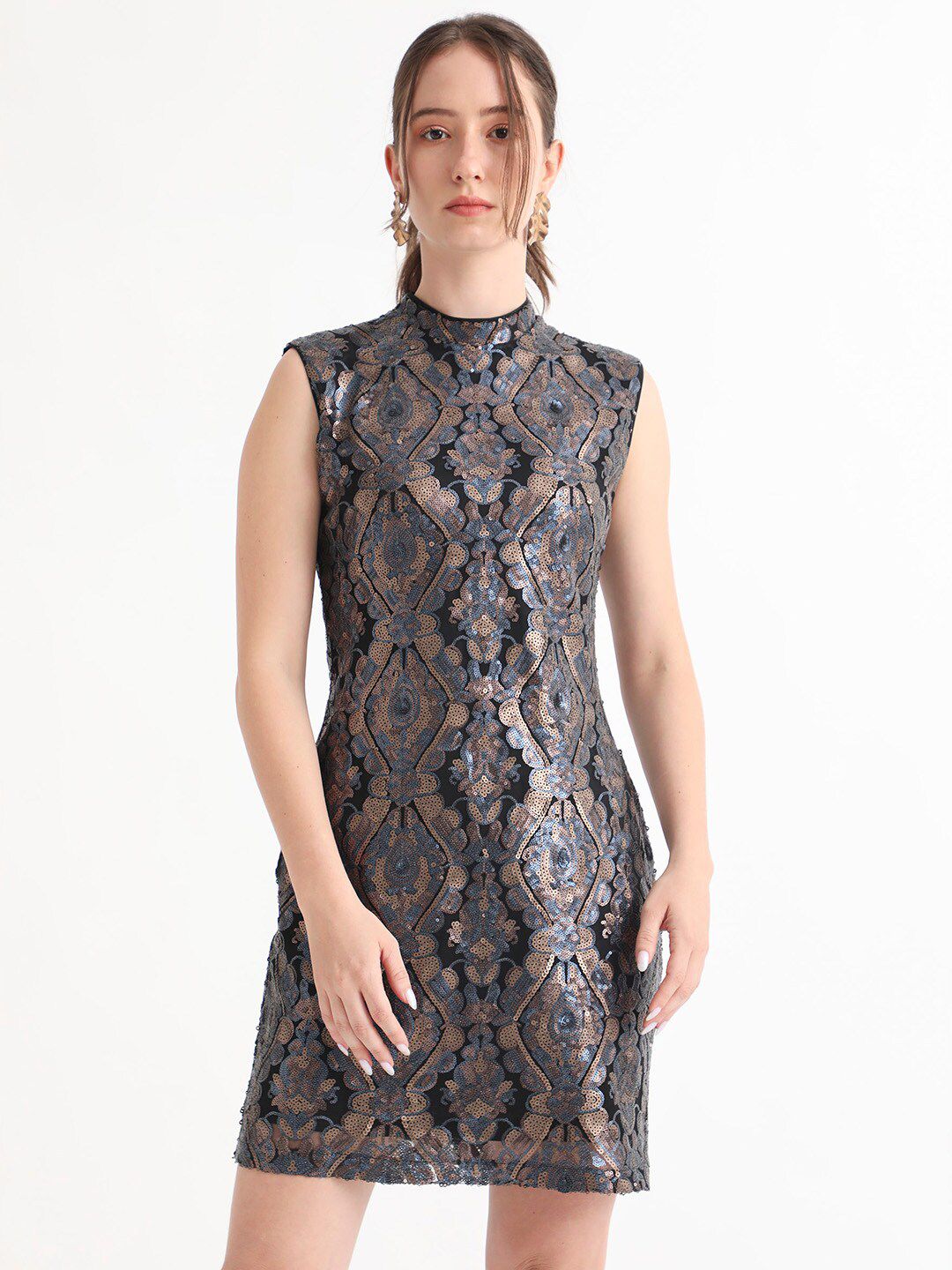 RAREISM High Neck Sleeveless Sequin Embellished Sheath Above Knee Dress