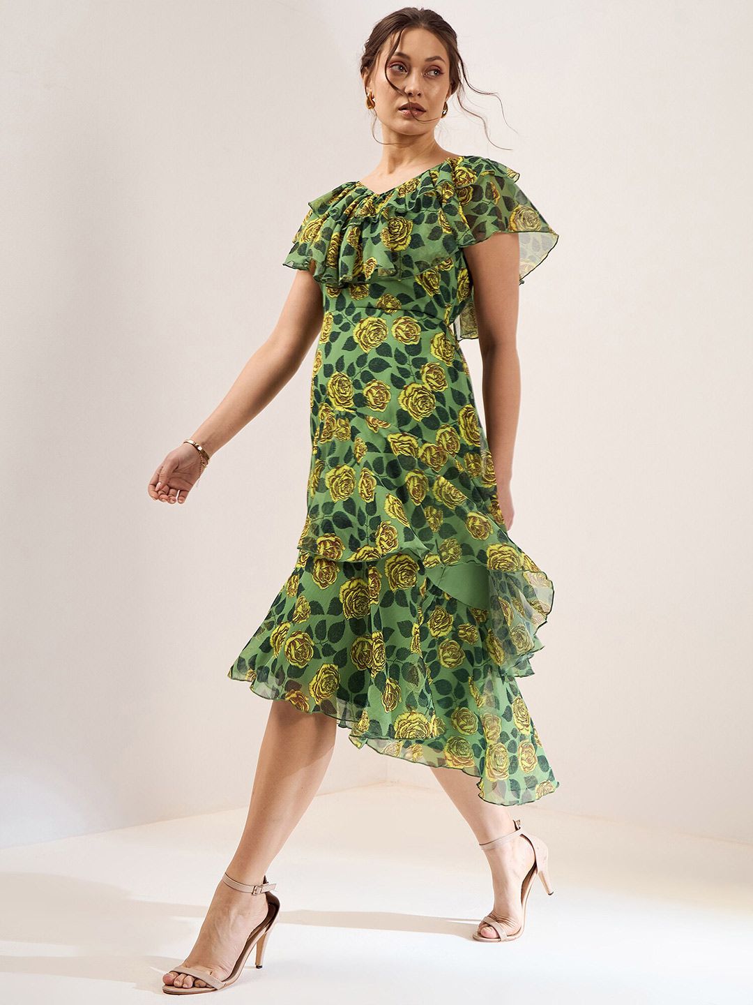 Antheaa Green Floral Print V-Neck Flutter Sleeve Layered Chiffon Fit & Flare Midi Dress