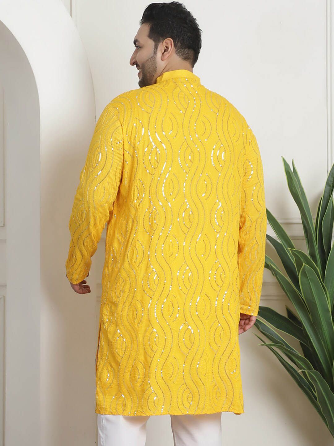 SOJANYA PLUS Geometric Embroidered Sequinned Mandarin Collar Cotton Straight Kurta