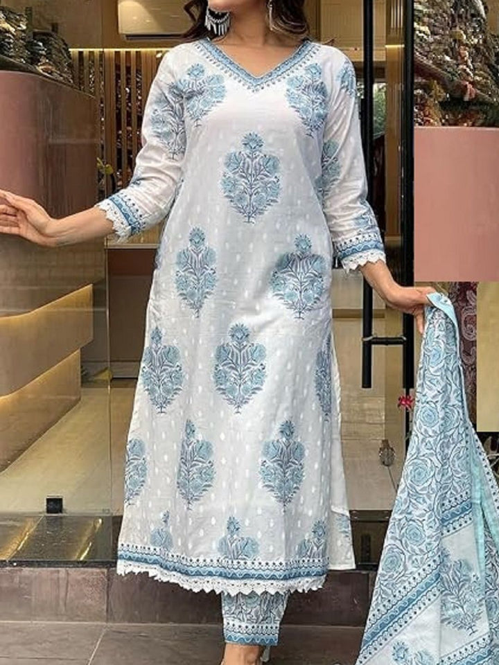 KALINI Floral Printed V-Neck Straight Kurta With Trousers And Dupatta