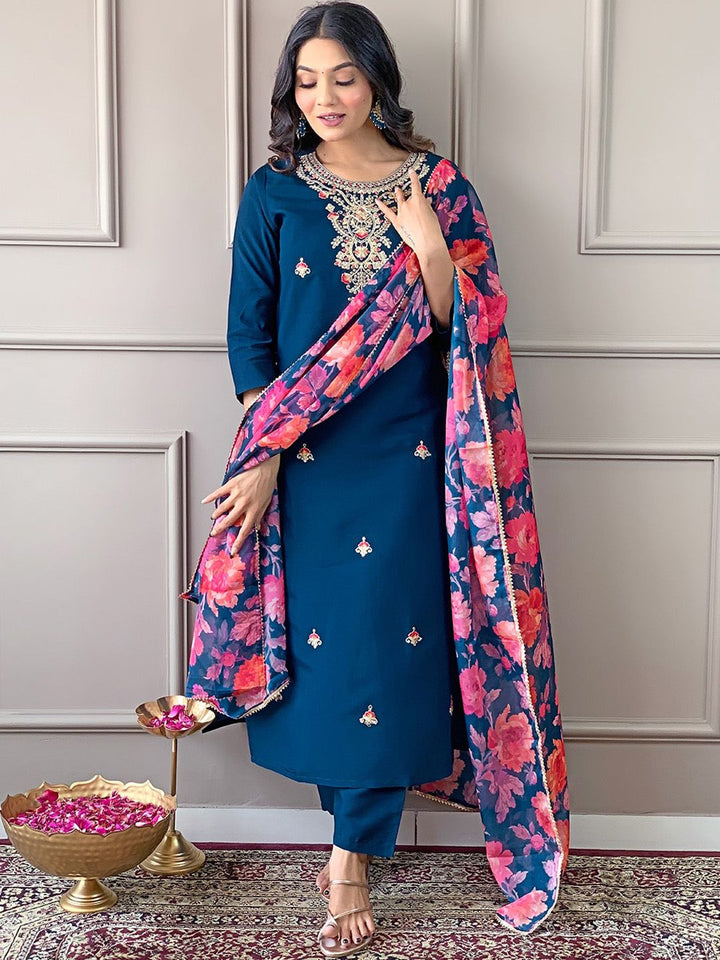 KALINI Floral Embroidered Regular Thread Work Straight Kurta With Trousers & Dupatta
