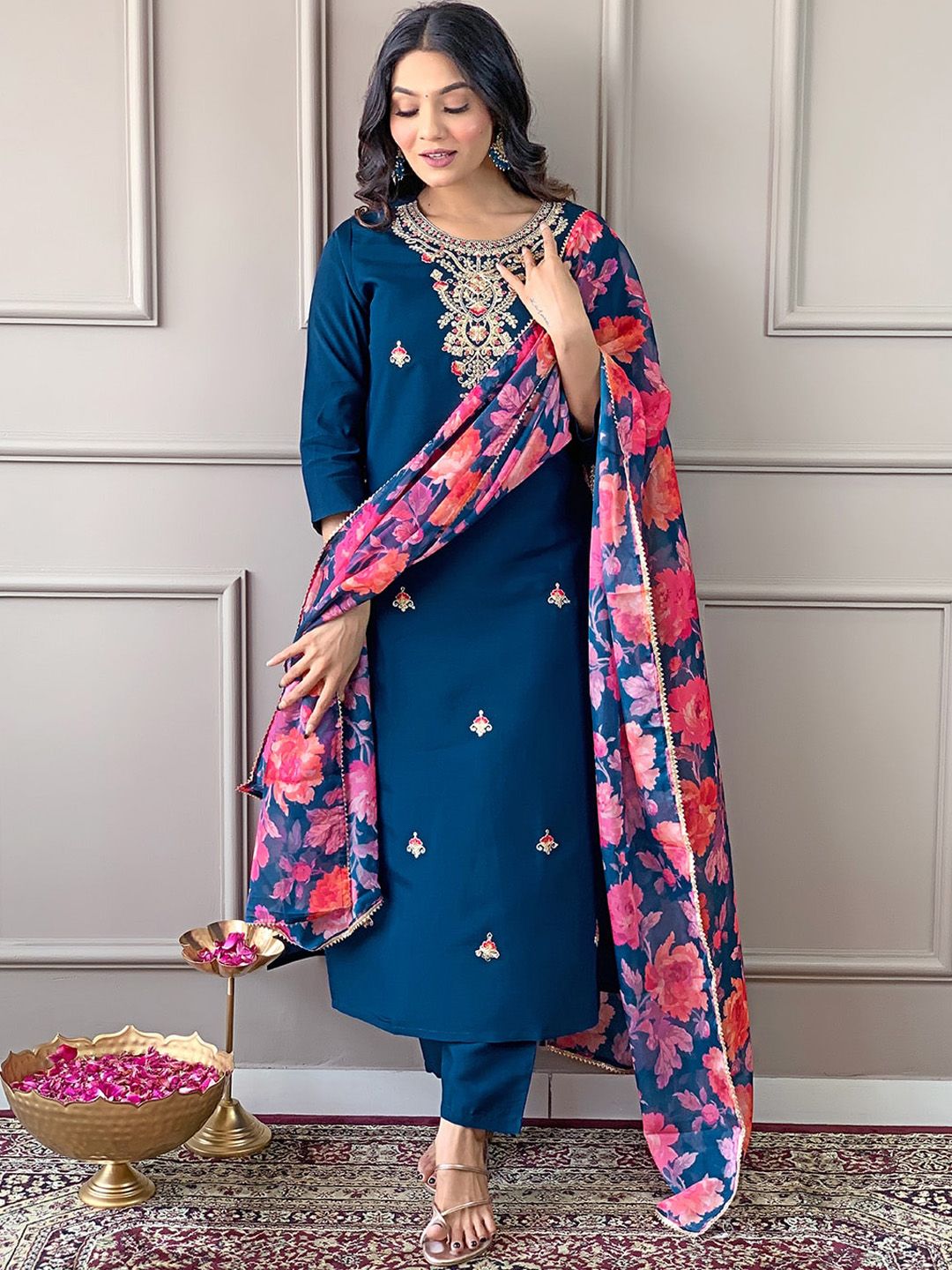 KALINI Floral Embroidered Regular Thread Work Straight Kurta With Trousers & Dupatta
