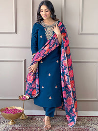 KALINI Floral Embroidered Regular Thread Work Straight Kurta With Trousers & Dupatta
