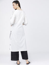 Vishudh Women Off White & Black Geometric Yoke Design Thread Work White Romance Kurta
