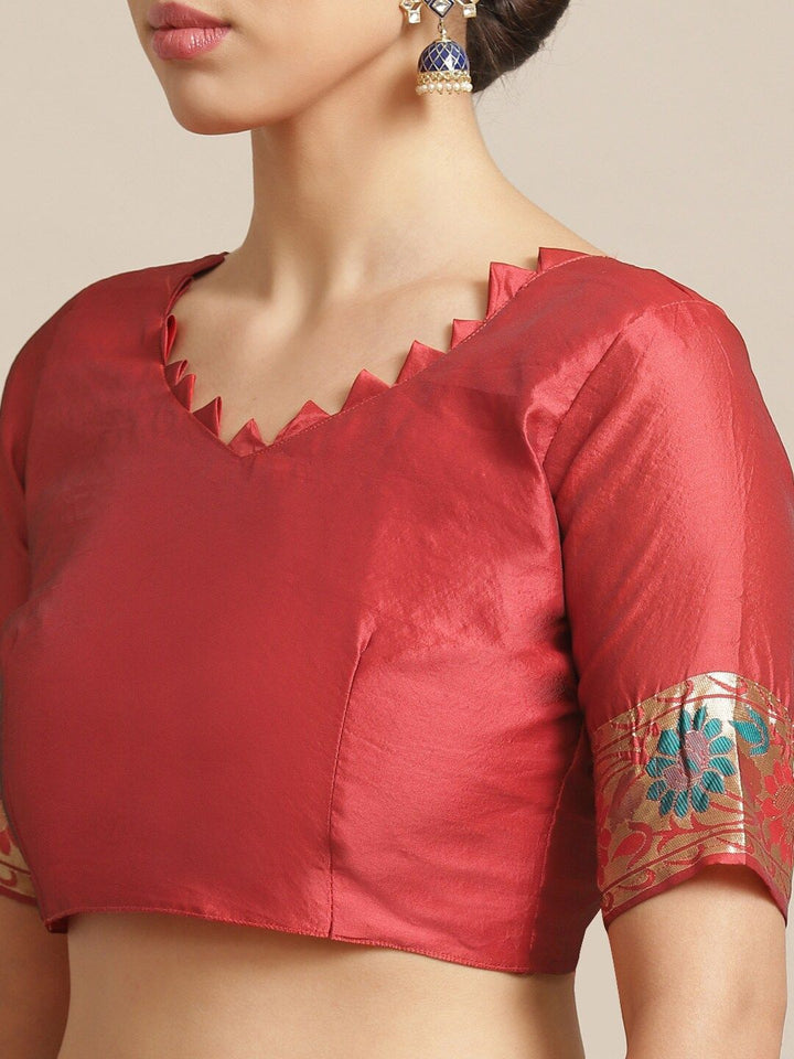 Saree mall Rust & Gold-Toned Floral Zari Silk Blend Handloom Sarees