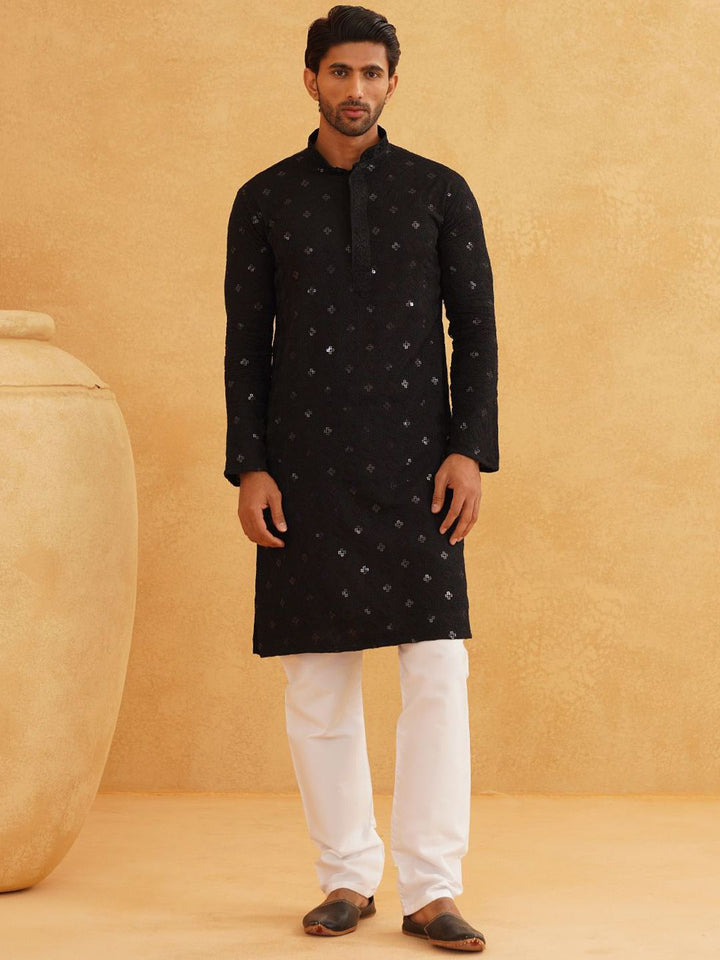 SOJANYA Geometric Embroidered Mandarin Collar Sequinned Pure Cotton Kurta with Churidar