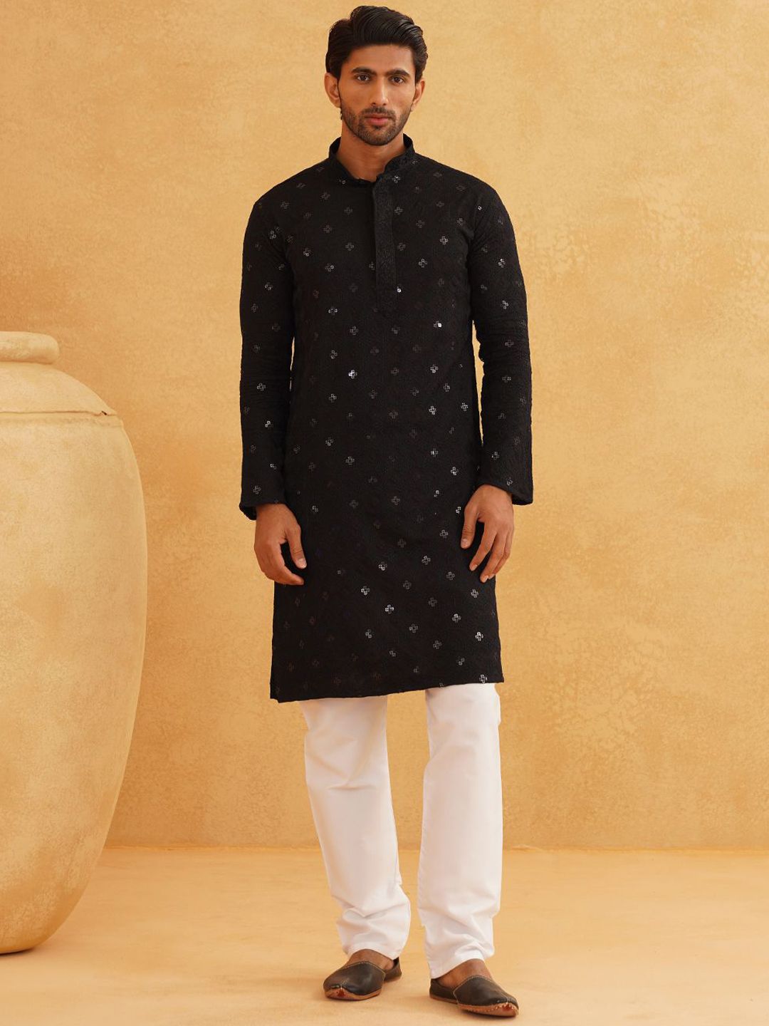 SOJANYA Geometric Embroidered Mandarin Collar Sequinned Pure Cotton Kurta with Churidar