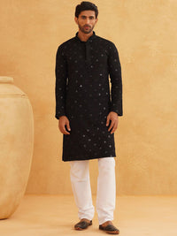 SOJANYA Geometric Embroidered Mandarin Collar Sequinned Pure Cotton Kurta with Churidar