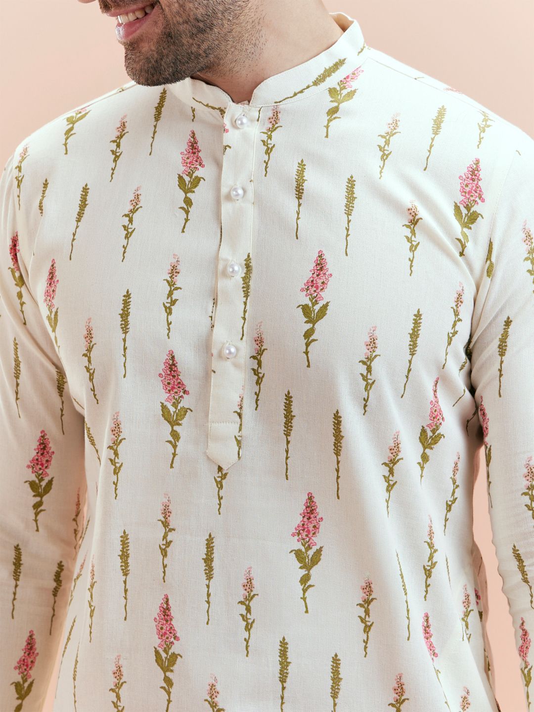 KISAH Men Cream-Coloured & Pink Floral Kurta