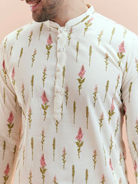 KISAH Men Cream-Coloured & Pink Floral Kurta