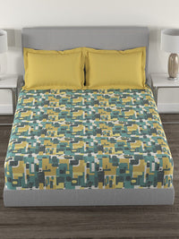 MYTRIDENT Yellow  Green Printed Cotton 144 TC Queen Bedsheet With 2 Pillow Covers