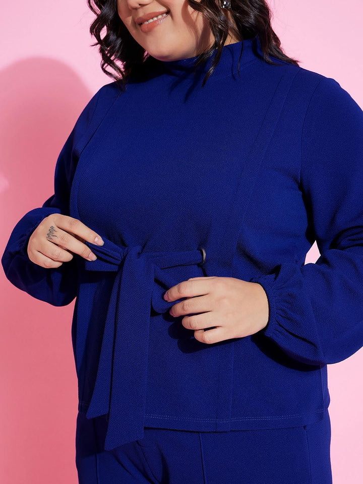 SASSAFRAS Curve Blue High Long Sleeves Neck Knot Top With Trousers