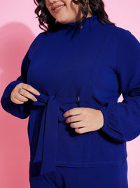 SASSAFRAS Curve Blue High Long Sleeves Neck Knot Top With Trousers