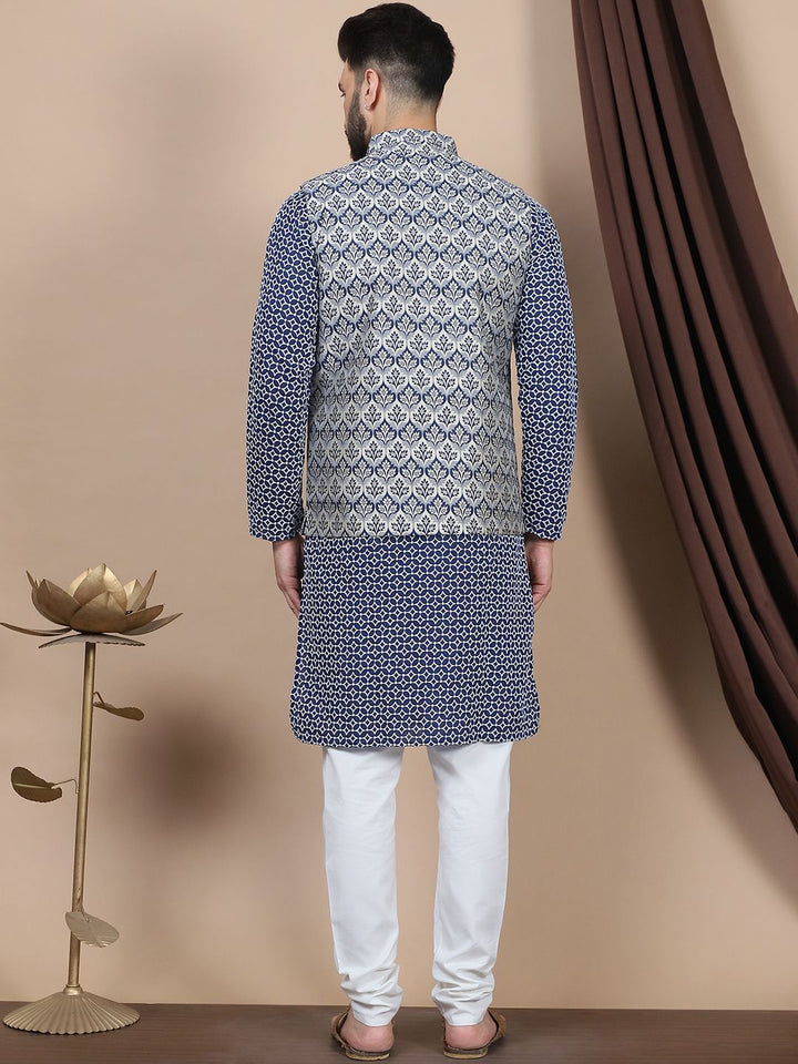 Anouk Navy Blue Ethnic Motifs Printed Straight Pure Cotton Kurta with Churidar