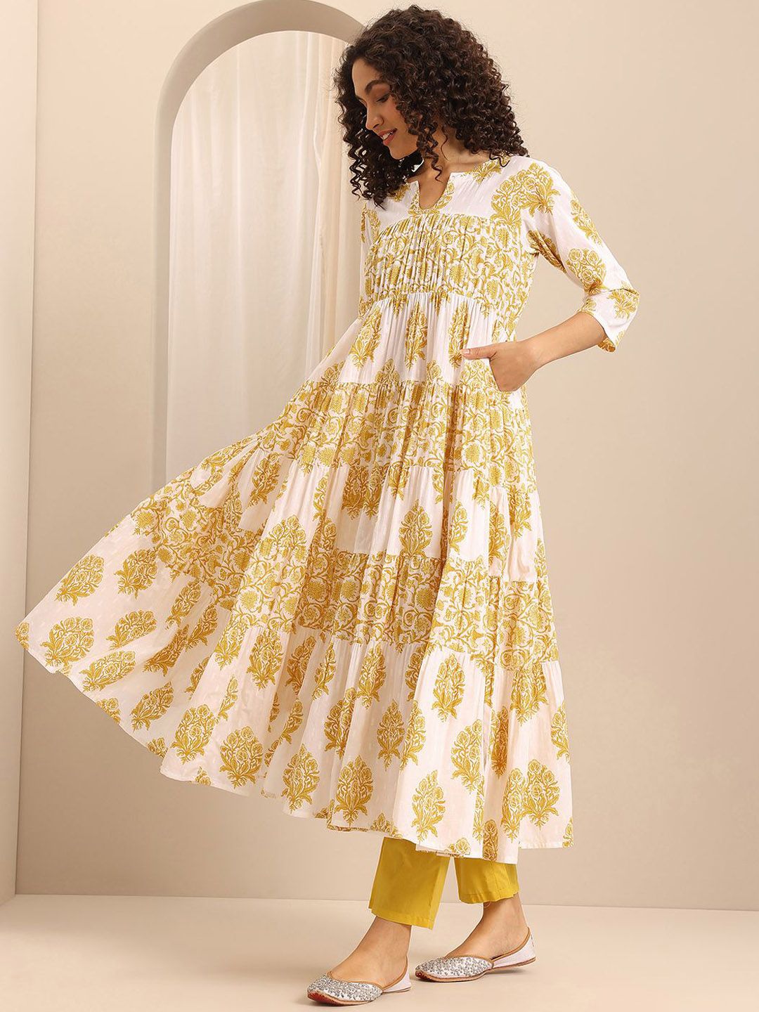 Libas Floral Printed Notch Neck Anarkali Kurta With Trousers & Dupatta