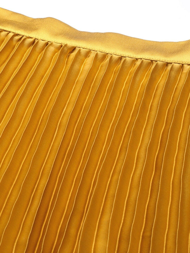 SASSAFRAS Mustard Yellow Accordion Pleated Satin Finish Flared Midi Skirt
