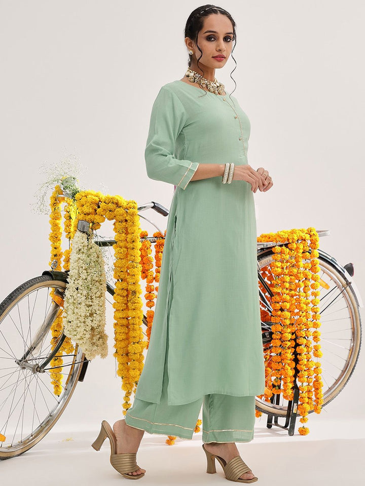 Varanga Green Gotta Patti Detail Straight Kurta & Palazzos With Dupatta