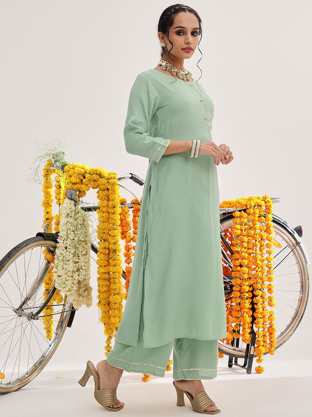 Varanga Green Gotta Patti Detail Straight Kurta & Palazzos With Dupatta