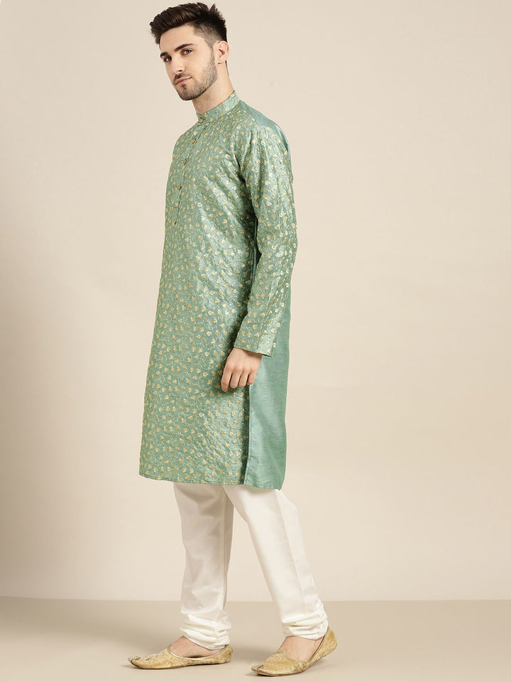 SOJANYA Kurta Bunga Berwarna Hijau & Emas Lelaki