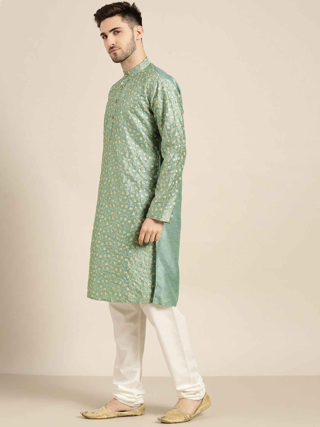 SOJANYA Kurta Bunga Berwarna Hijau & Emas Lelaki