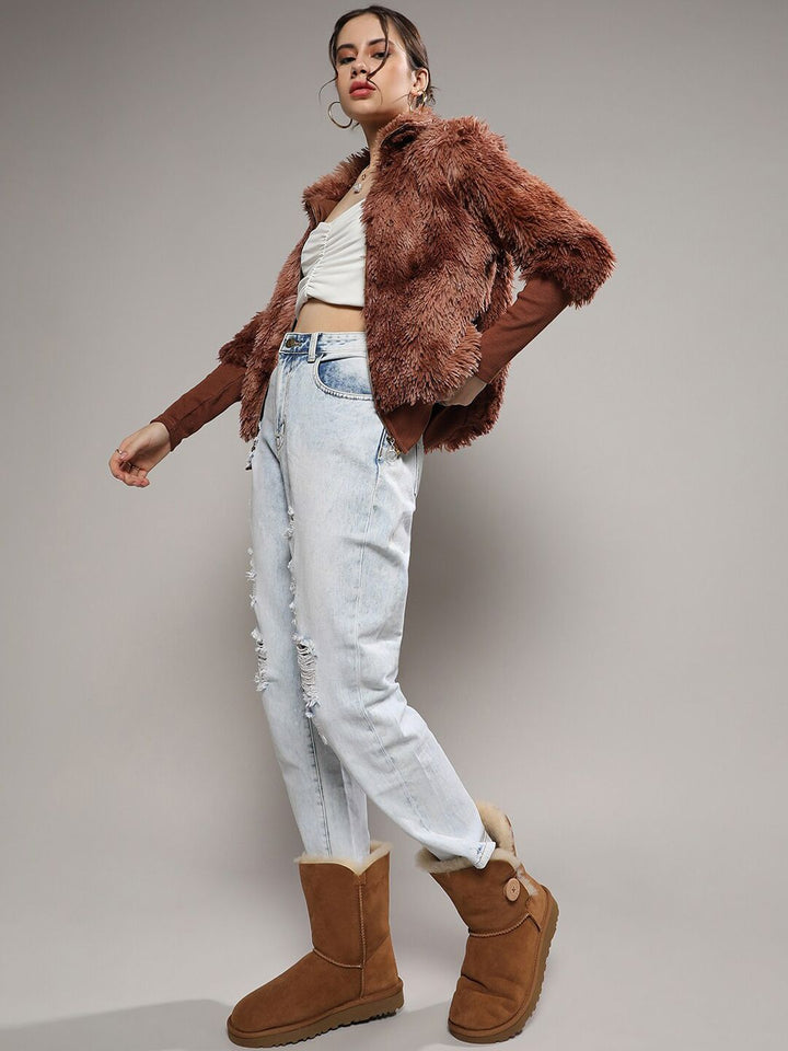 Campus Sutra Brown Mock Collar Windcheater Faux Fur Tailored Jacket