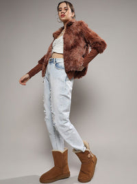 Campus Sutra Brown Mock Collar Windcheater Faux Fur Tailored Jacket