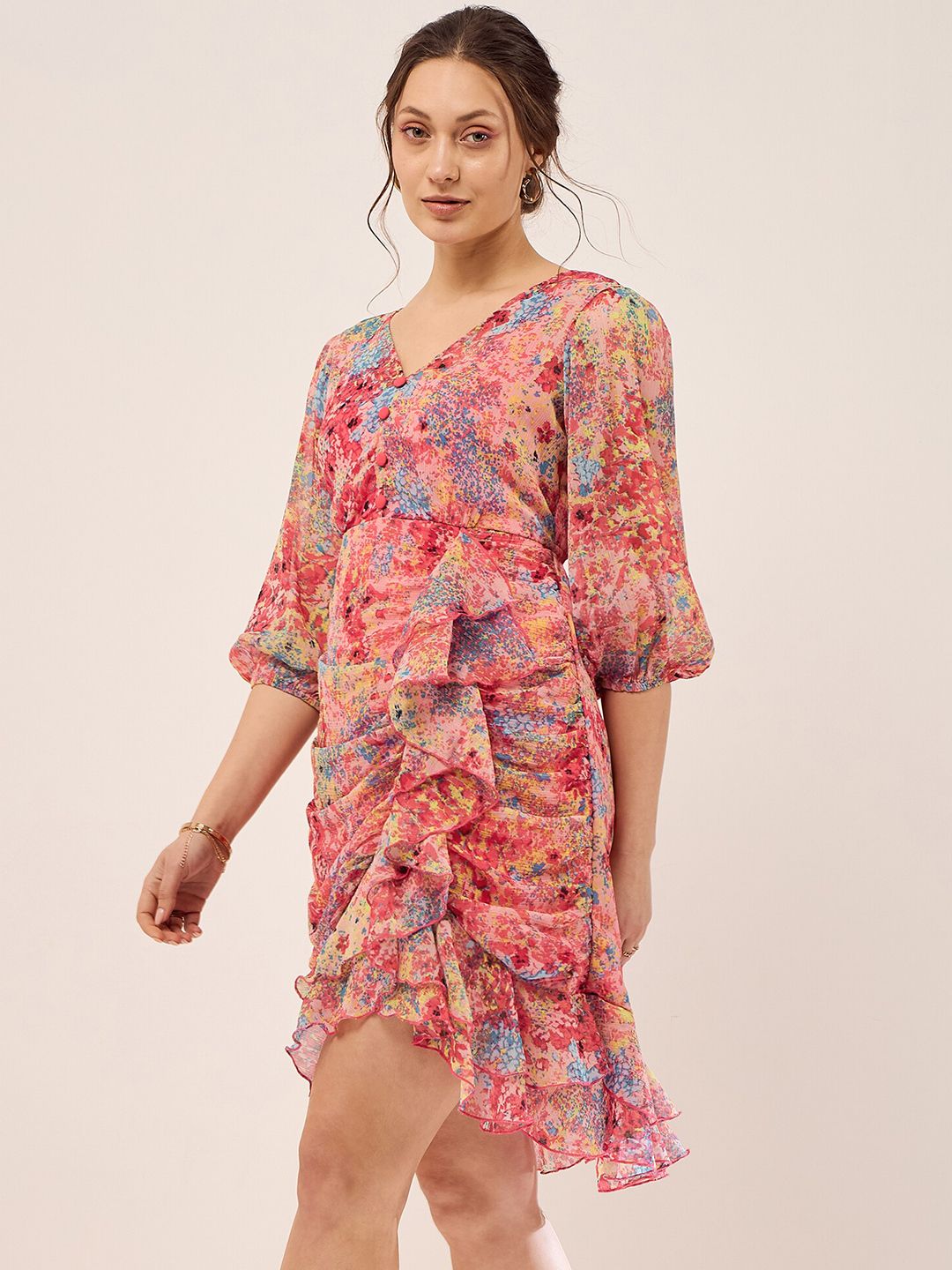 Antheaa Peach Floral Print V-Neck Puff Sleeve Layered Chiffon Wrap Dress