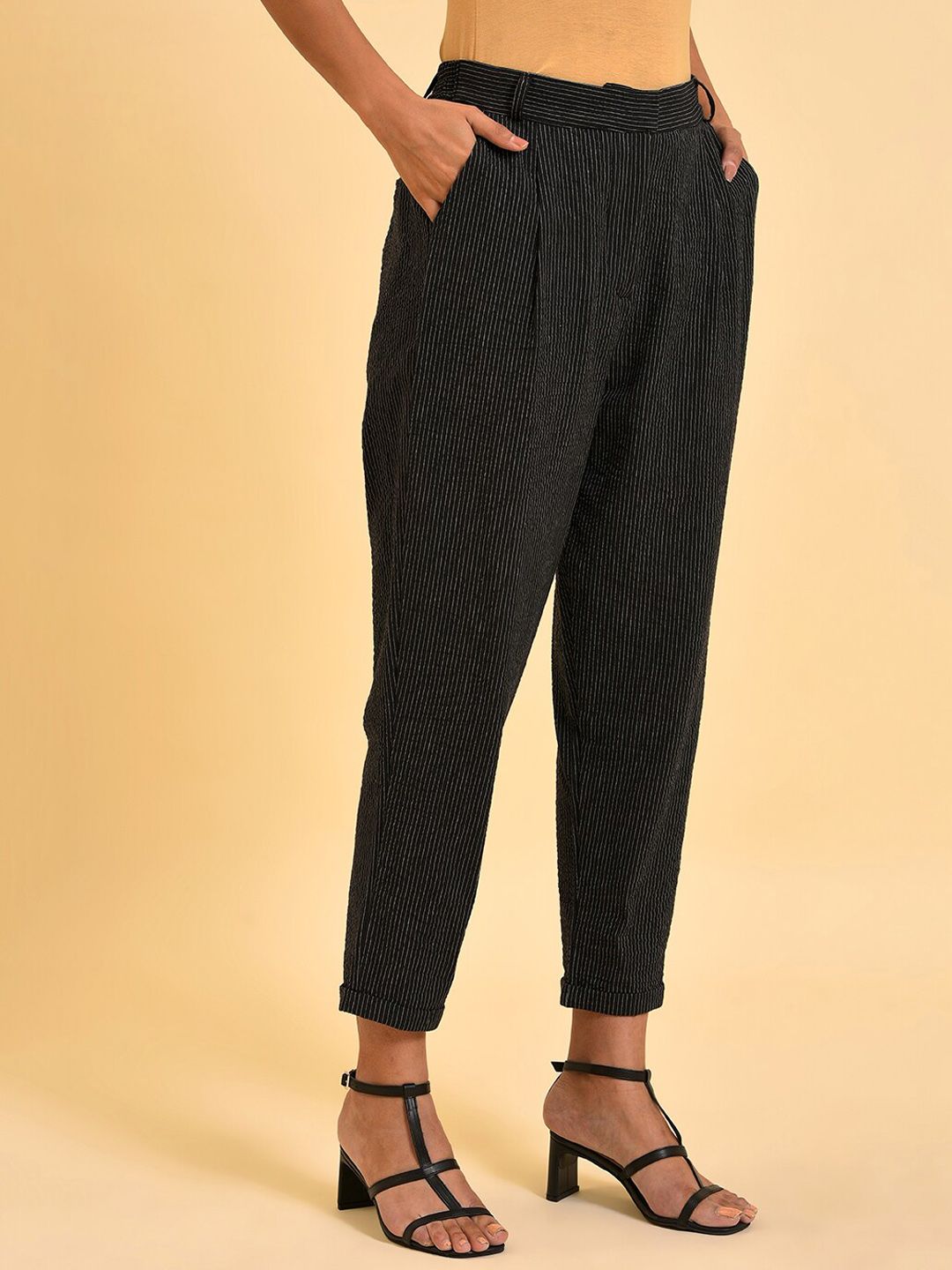 W Women Black Striped Pure Cotton Pleated Trousers