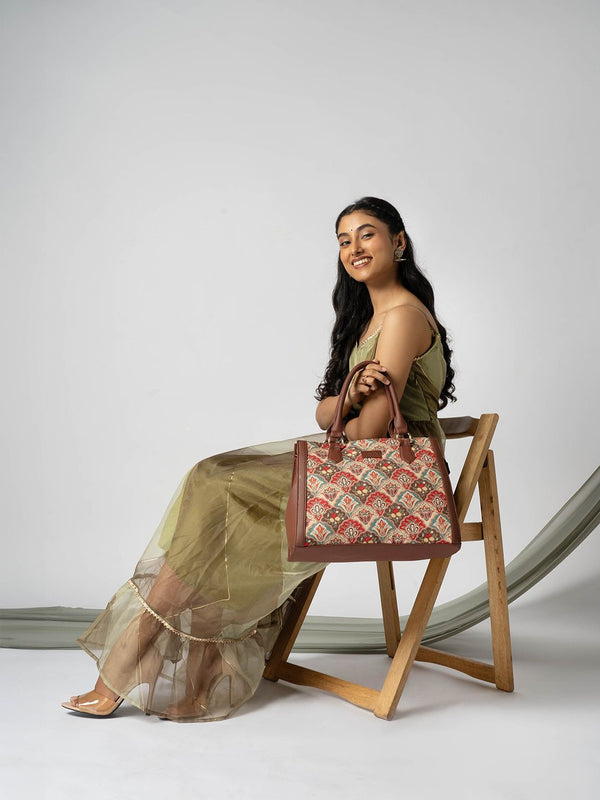 ZOUK Ethnic Motifs Printed Structured Jute Handheld Bag